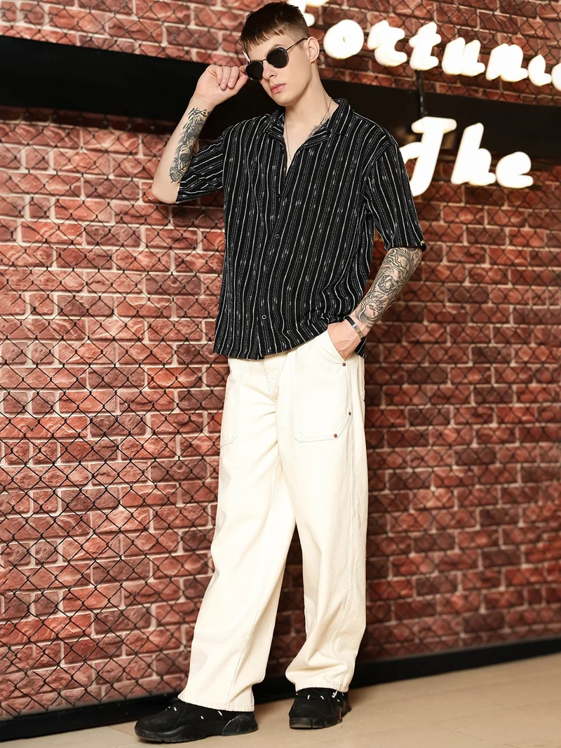 Maniac  Maniac Mens Textured Lines Collared Neck Full Sleeve Black & White Cotton Shirt for Men | Best Price UAE